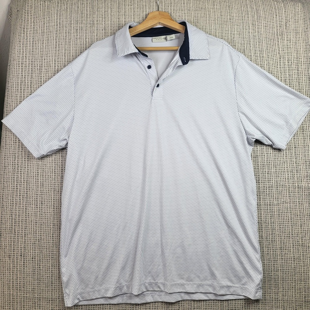 Rorie Whelan Golf Polo Shirt Mens XL White‎ Blue Polka Dot Performance Casual